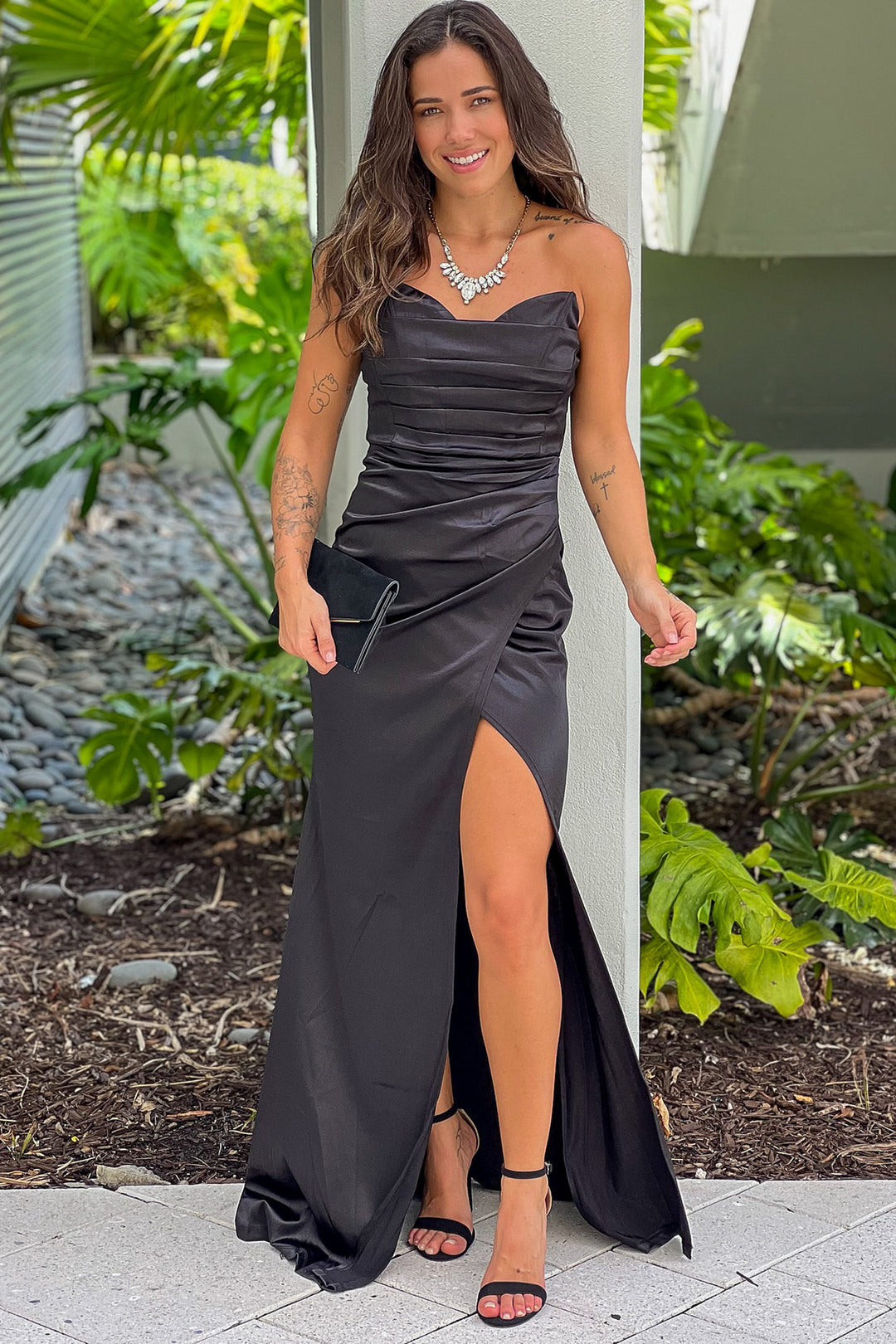 Black Strapless Pleated Maxi Dress