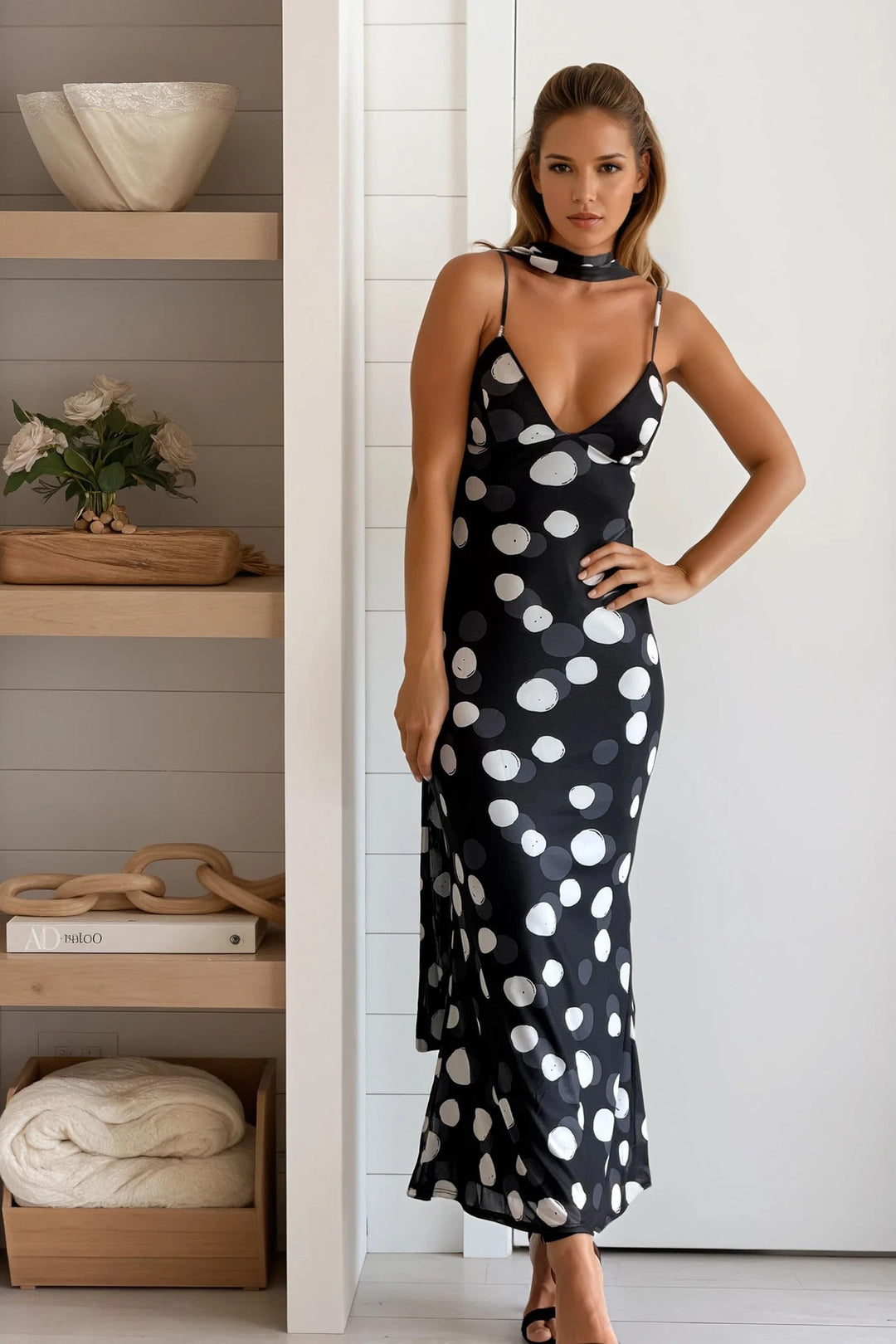 Black Polka Dot Scarf Mermaid Maxi Dress