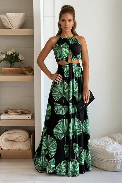 black printed cut out maxi dress