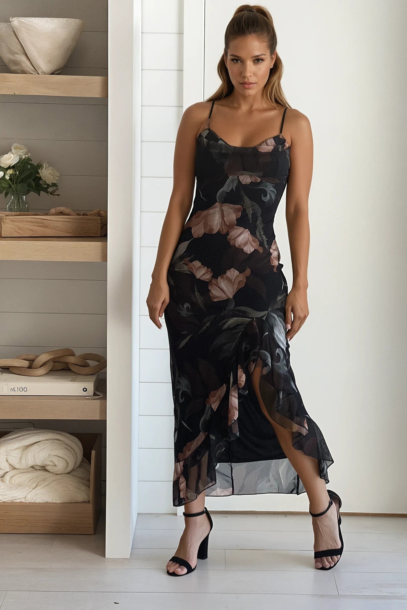 black printed ruffled dress