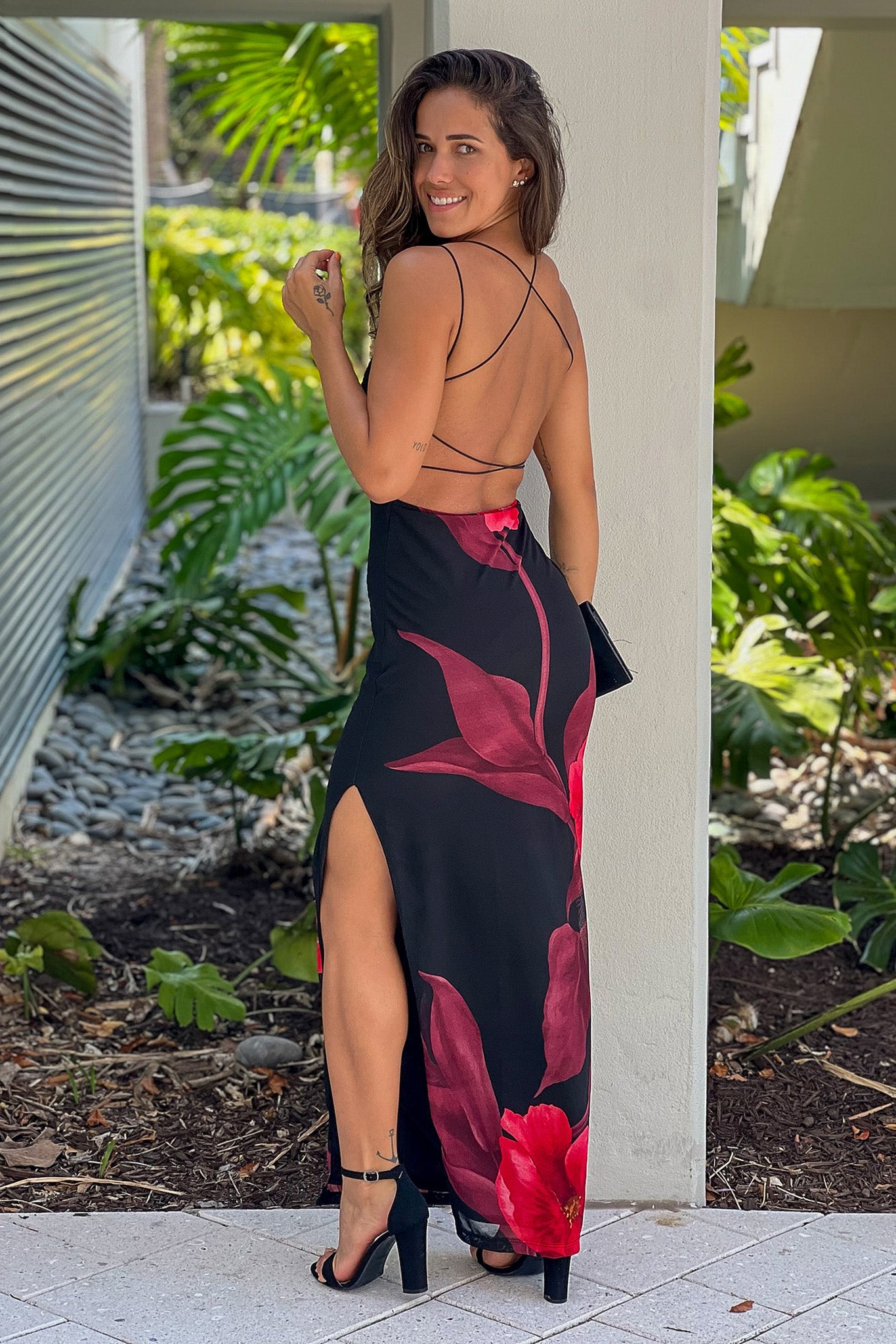 black printed strappy back maxi dress with slit