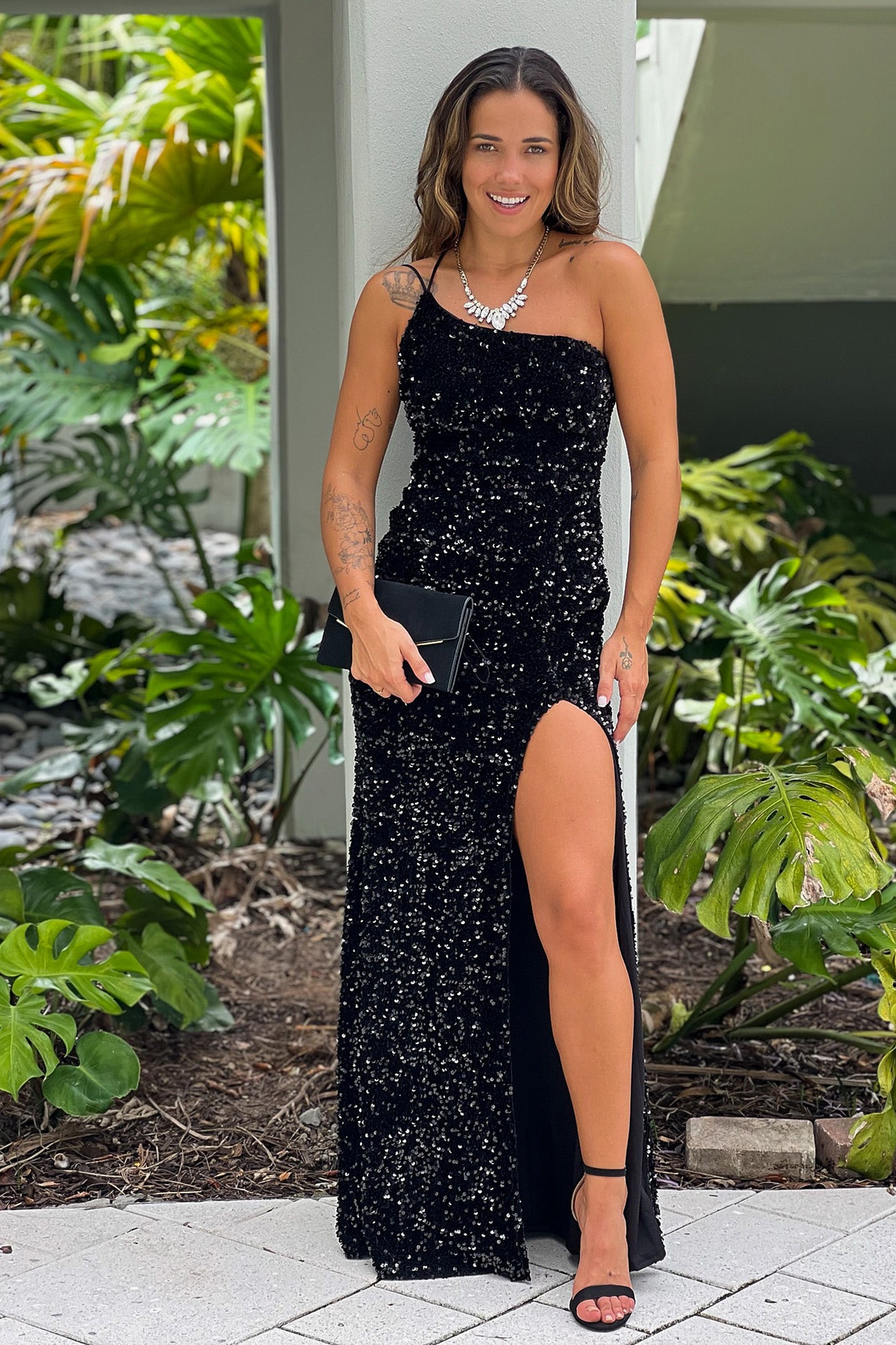 Black One Shoulder Maxi Dress With Slit