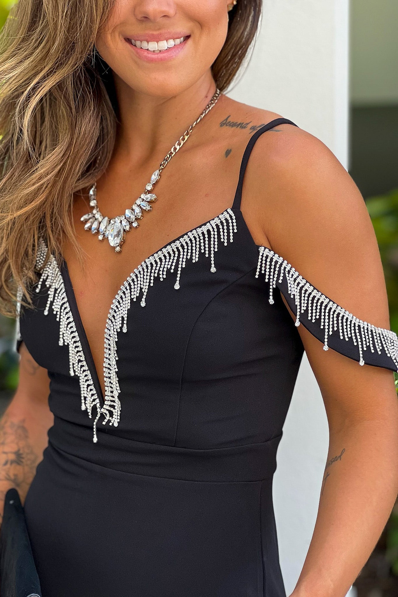 Black Maxi Dress With Rhinestone Fringe Detail | Formal Dresses Saved by the Dress Black Maxi Dress With Rhinestone Fringe Detail | Formal Dresses Saved by the Dress