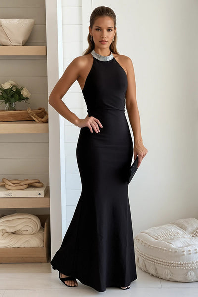 black rhinestone halter maxi dress
