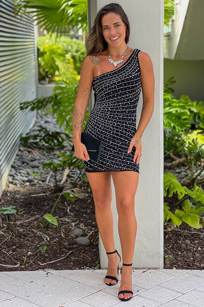 black rhinestone one shoulder short dress