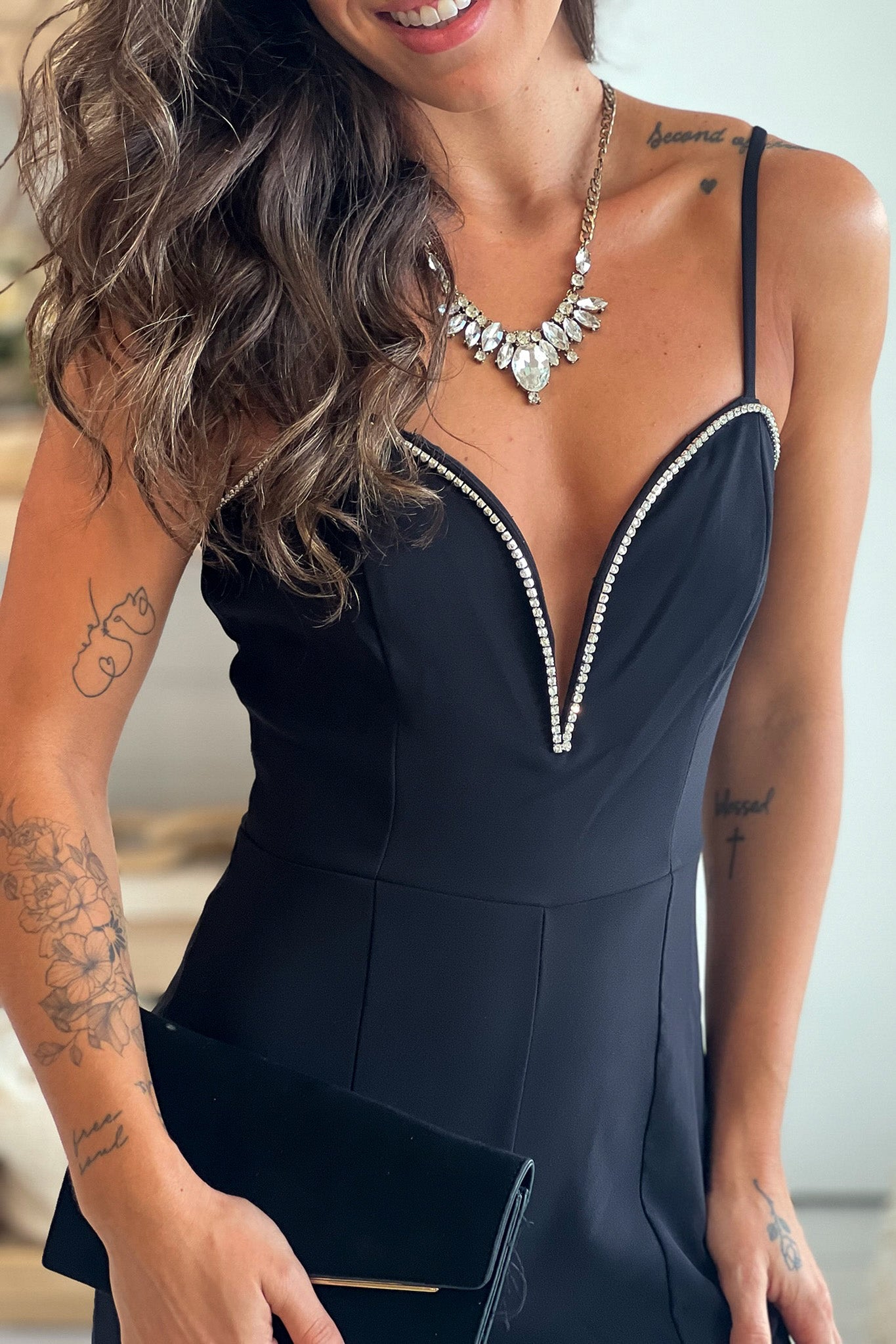 black rhinestone trim jumpsuit