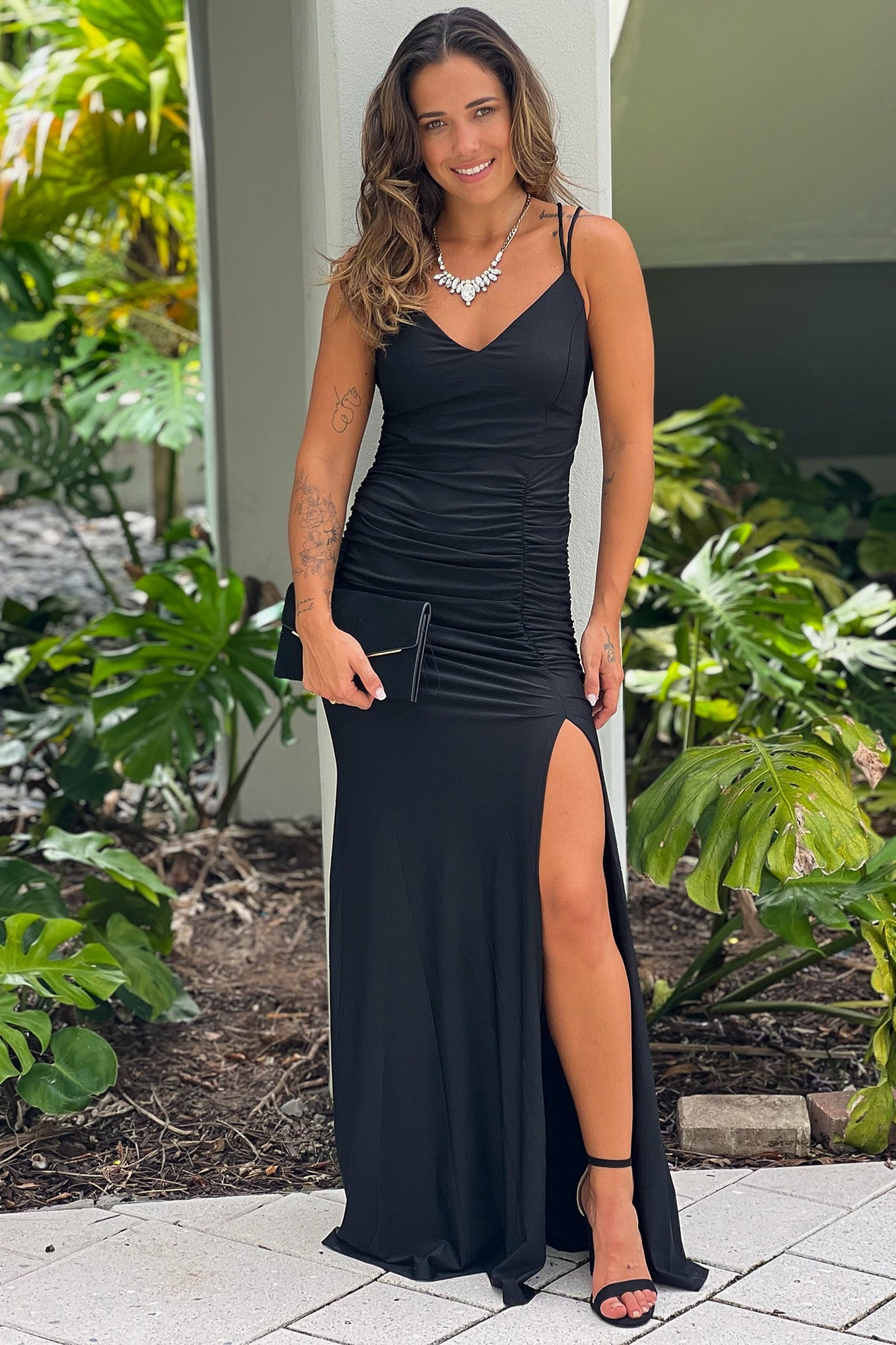 Black Ruched Maxi Dress With Slit | Maxi Dresses Saved by the Dress Black Ruched Maxi Dress With Slit | Maxi Dresses Saved by the Dress