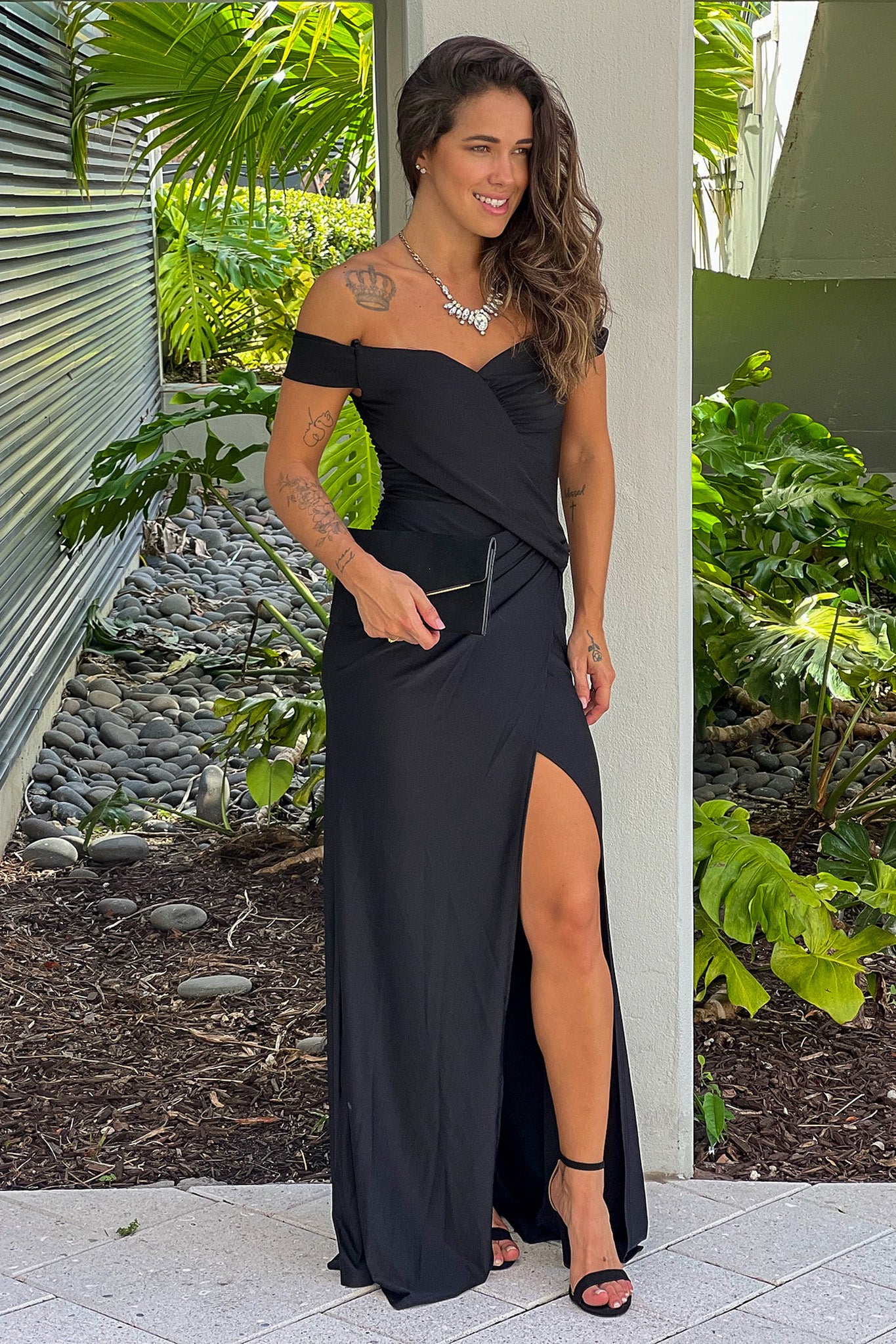 black ruched maxi dress