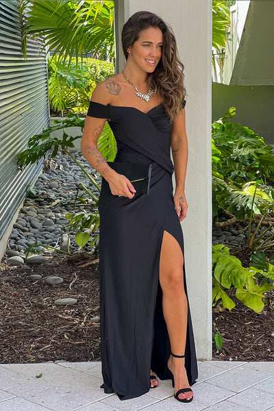 black ruched maxi dress