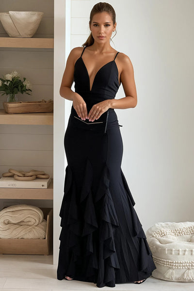 black ruffled bottom maxi dress