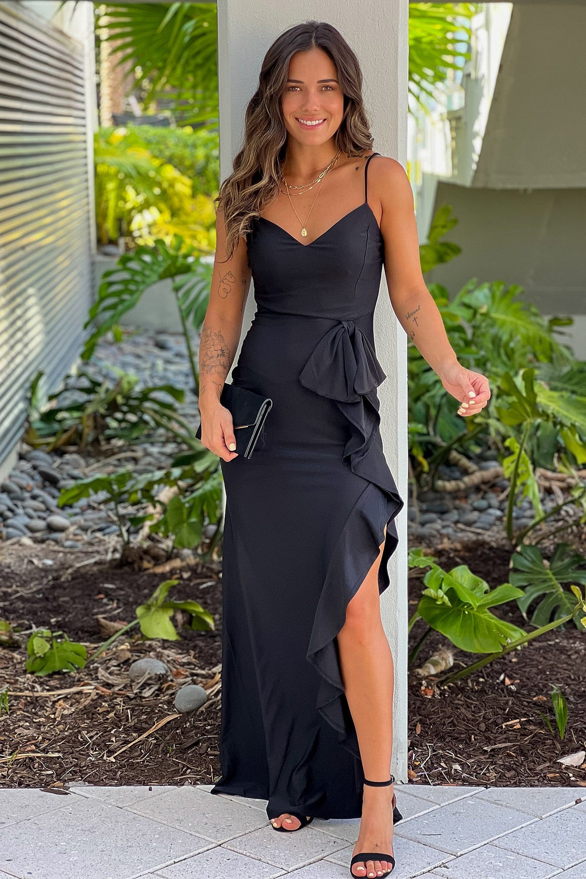 Black Maxi Dress With Ruffle Slit | Maxi Dresses Saved by the Dress Black Maxi Dress With Ruffle Slit | Maxi Dresses Saved by the Dress
