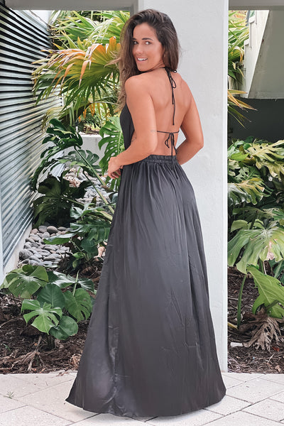 black satin maxi dress with open back