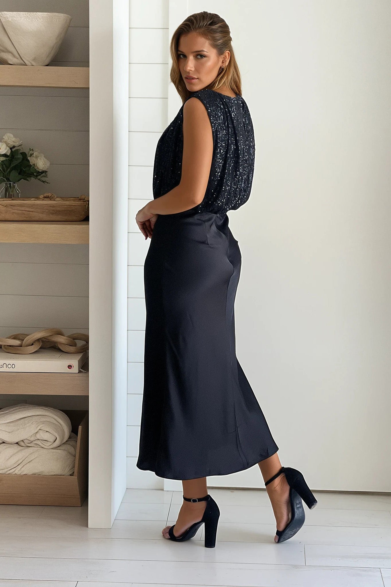 black satin midi dress