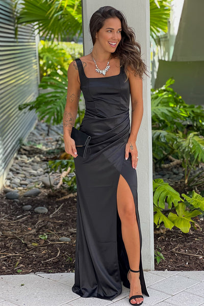 black satin ruched maxi dress