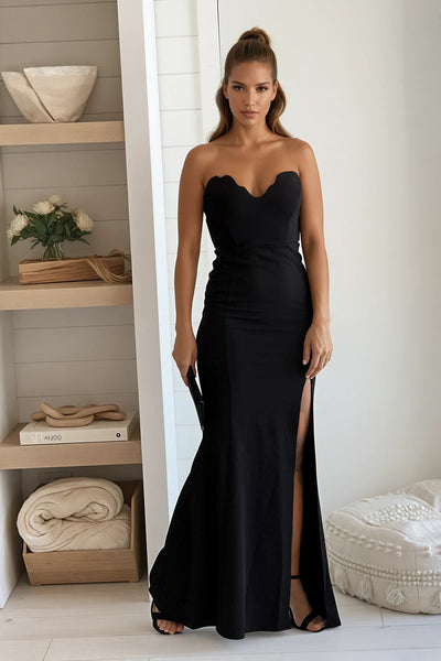 black scalloped sweetheart maxi dress with slit