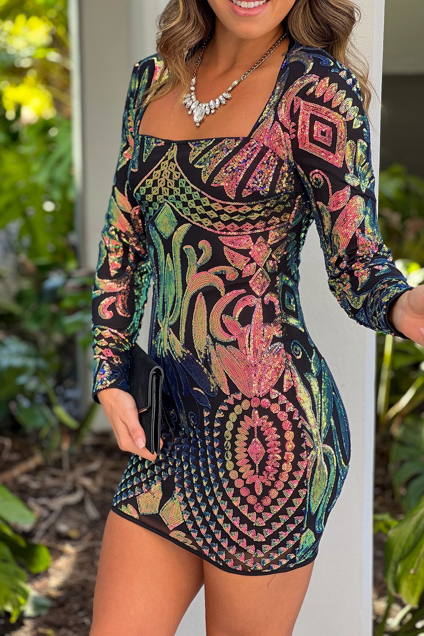 Black Sequin Square Neck Short Dress With Long Sleeves