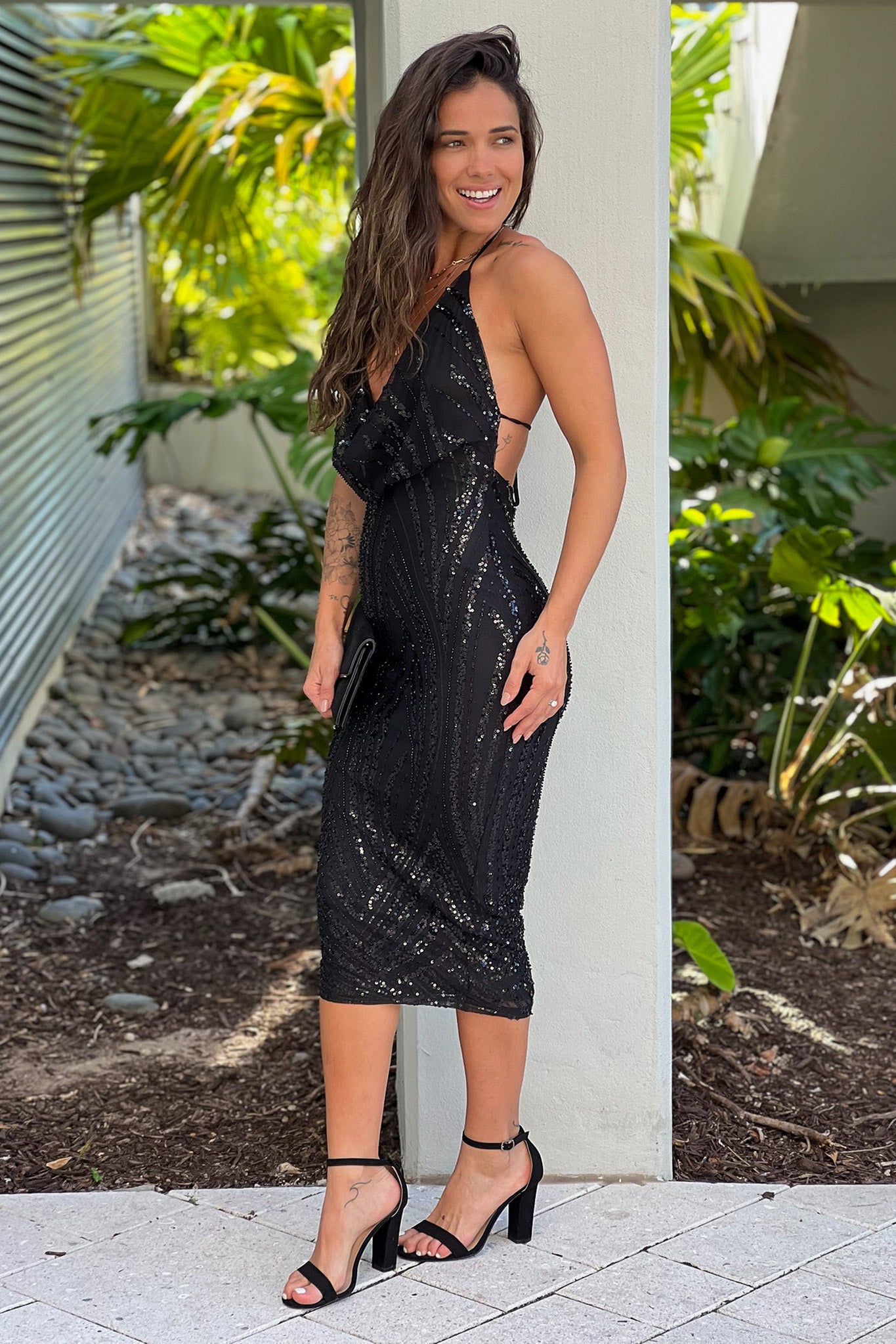 black sequin cowl neck midi dress