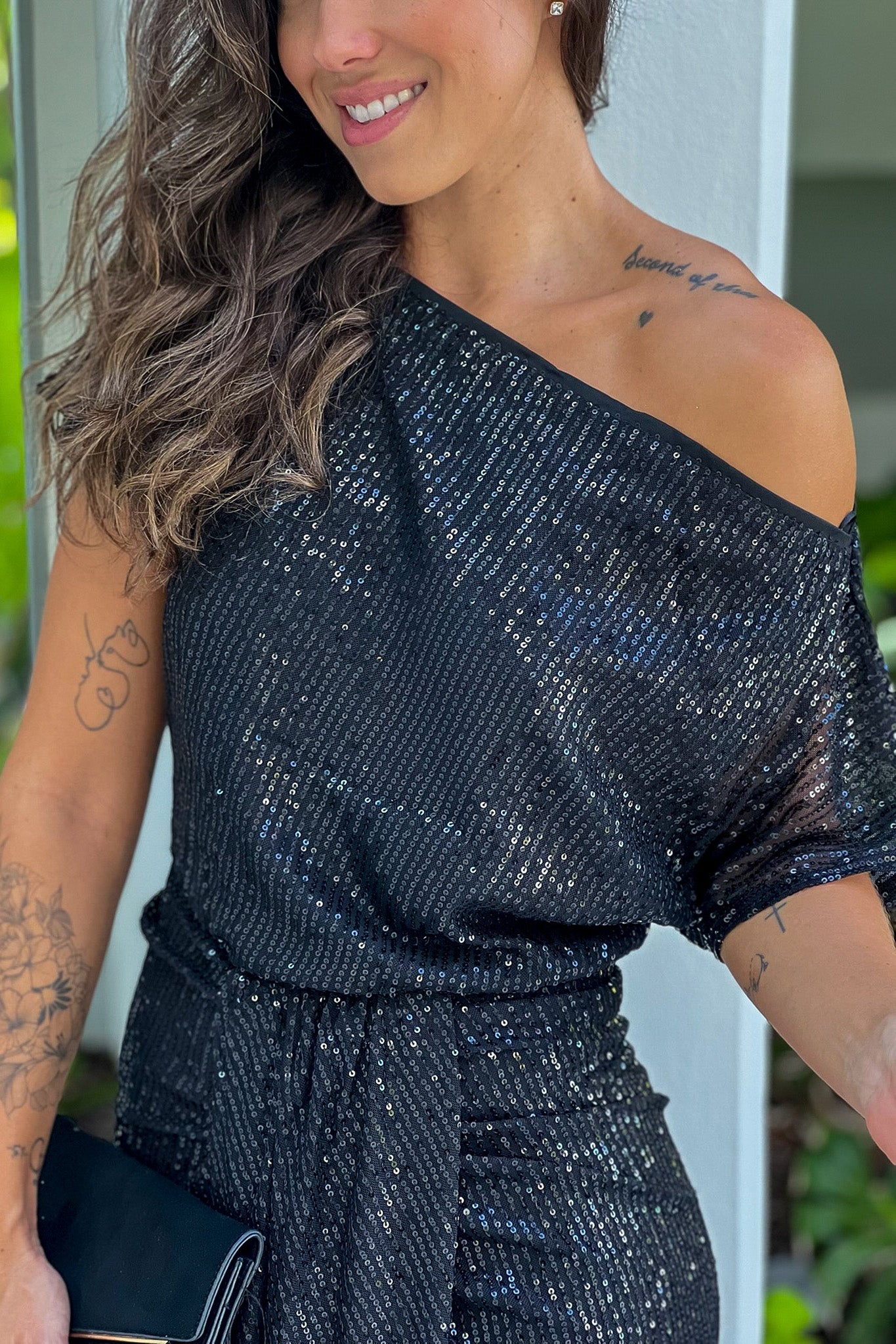 black sequin one shoulder dress