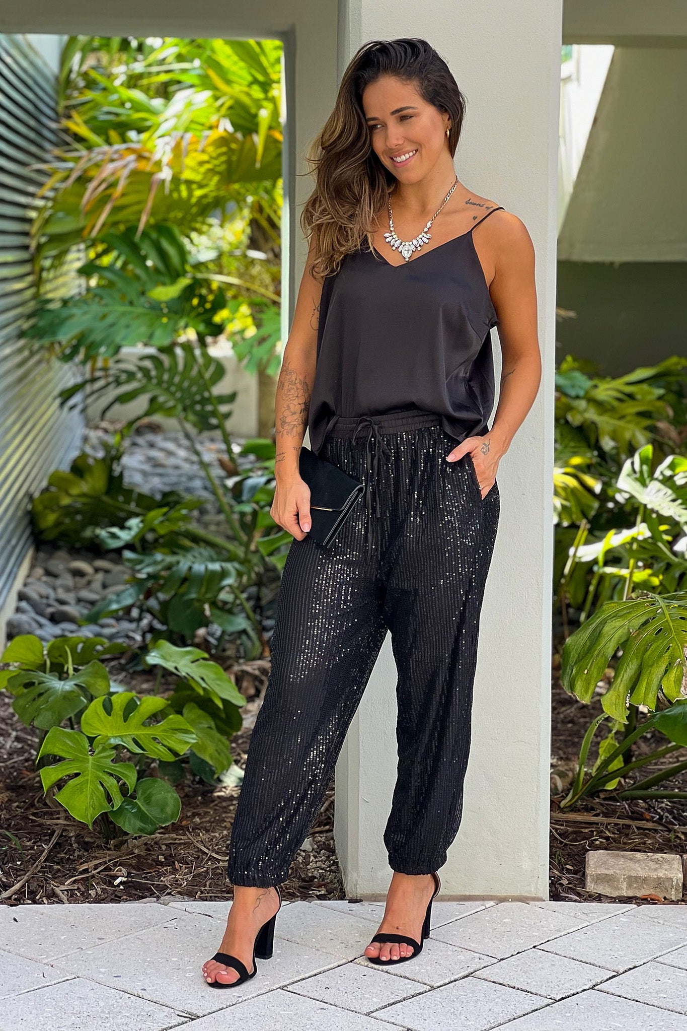 Black Sequin Pants And Satin Top Set | Online Boutiques Saved by the Dress Black Sequin Pants And Satin Top Set | Online Boutiques Saved by the Dress
