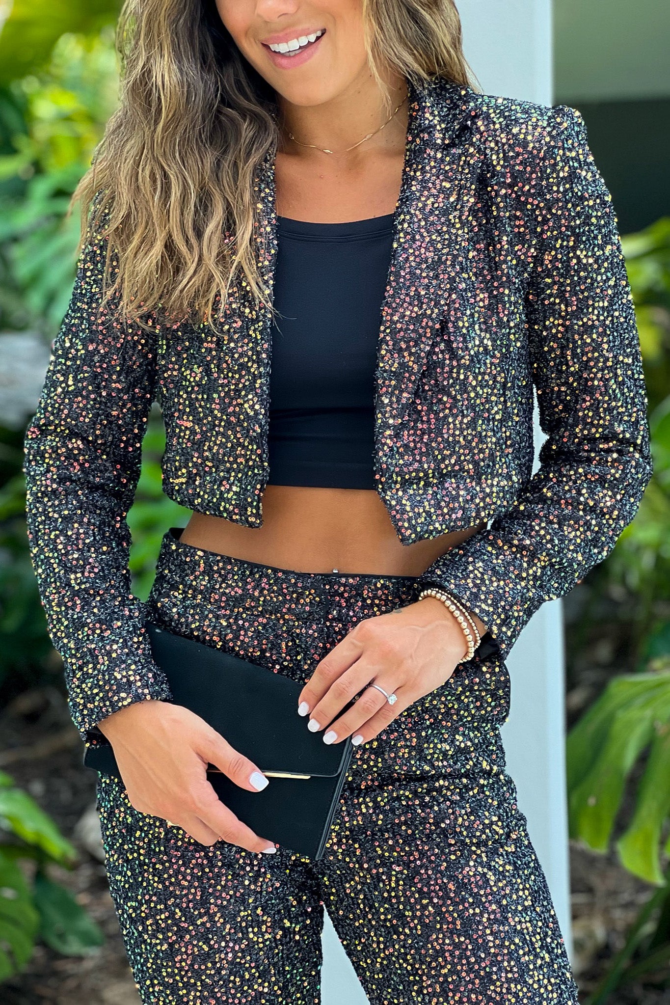 black sequined cropped blazer and pants set