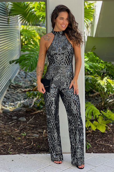 black sequined halter neck jumpsuit