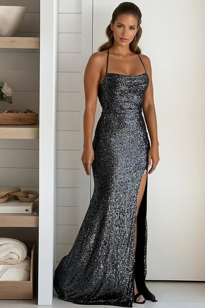 Black Sequined Maxi Dress With Slit