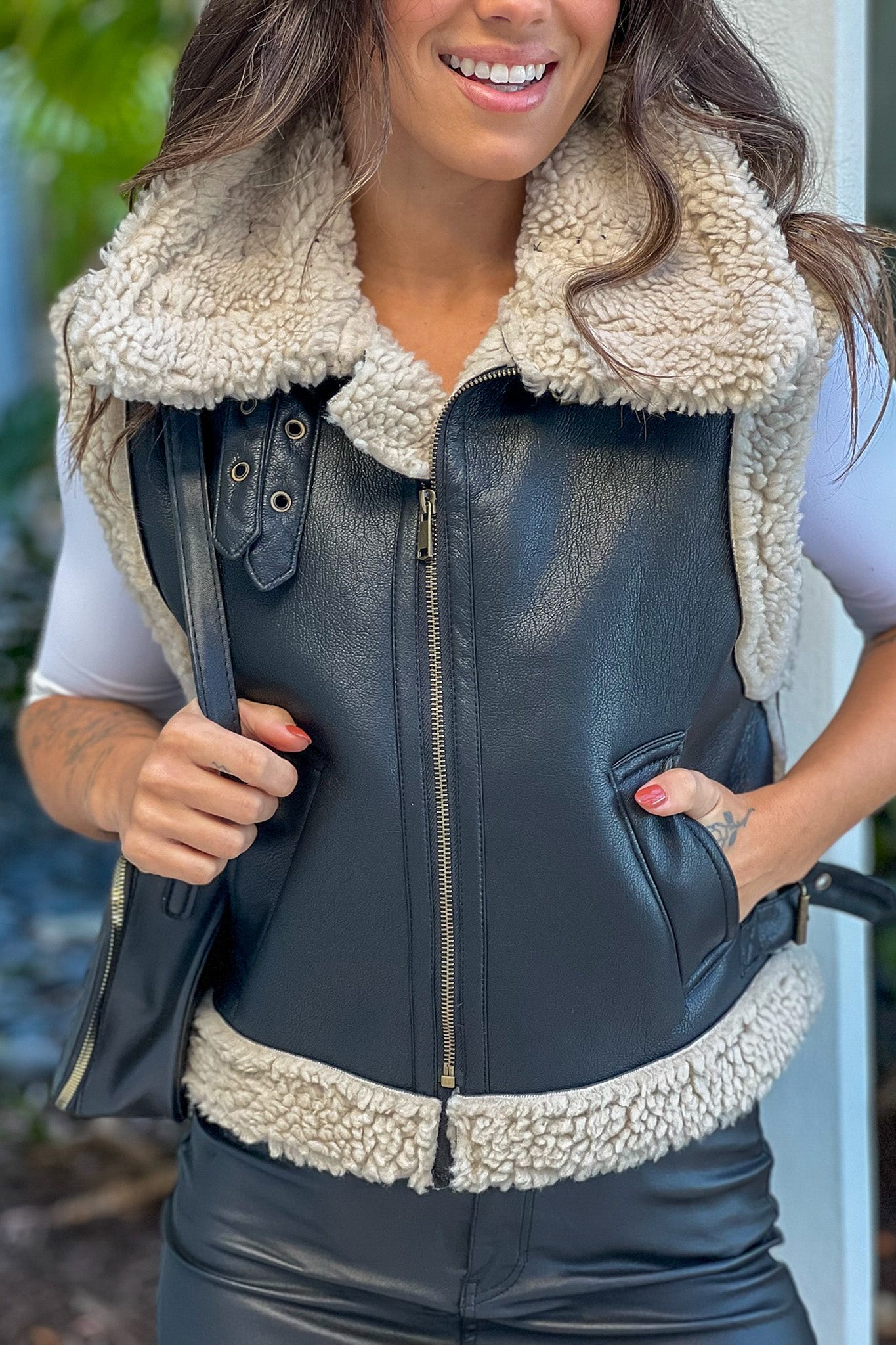 black shearling vest