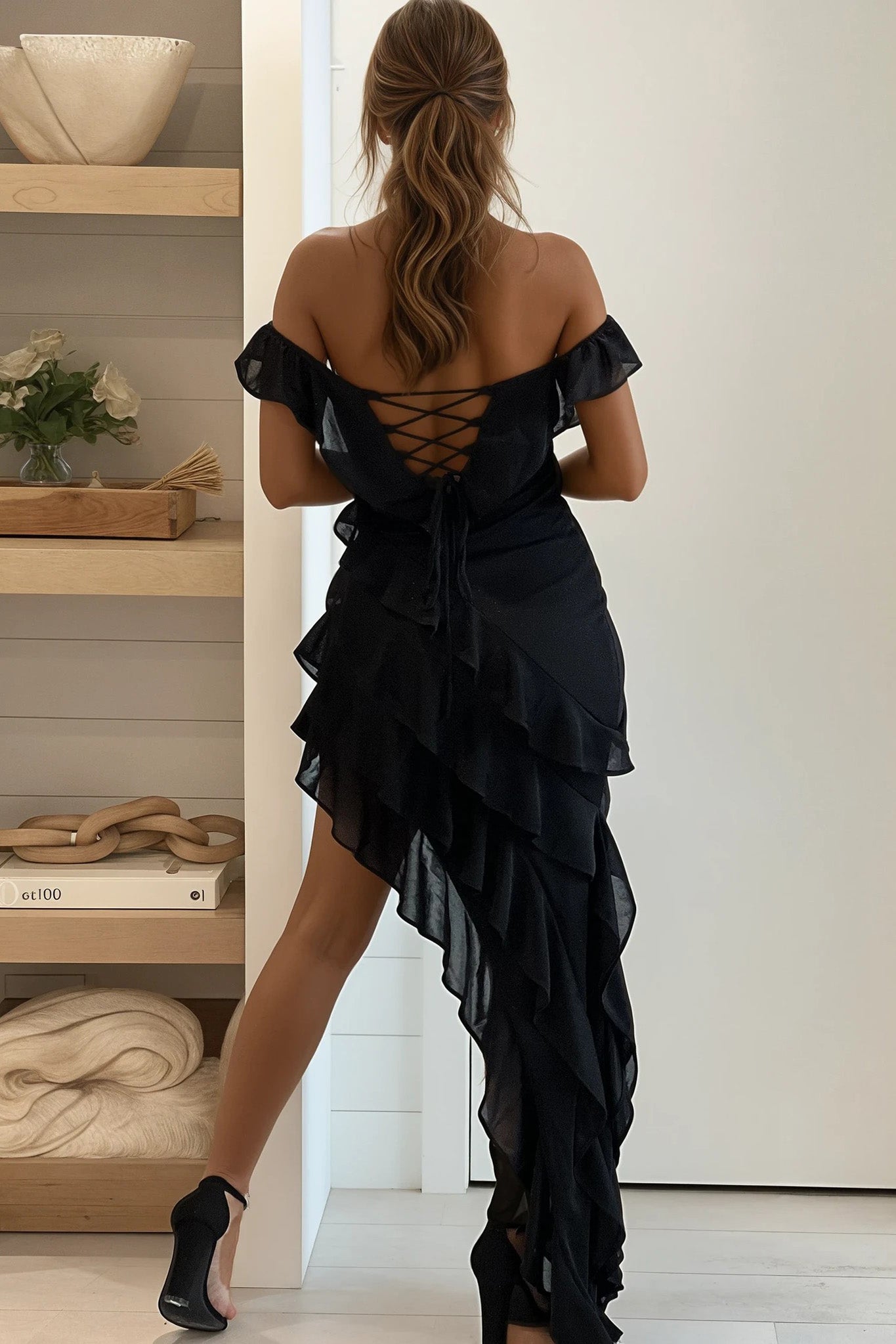 black shimmer ruffled asymmetrical dress