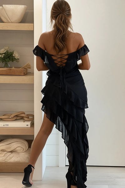 black shimmer ruffled asymmetrical dress