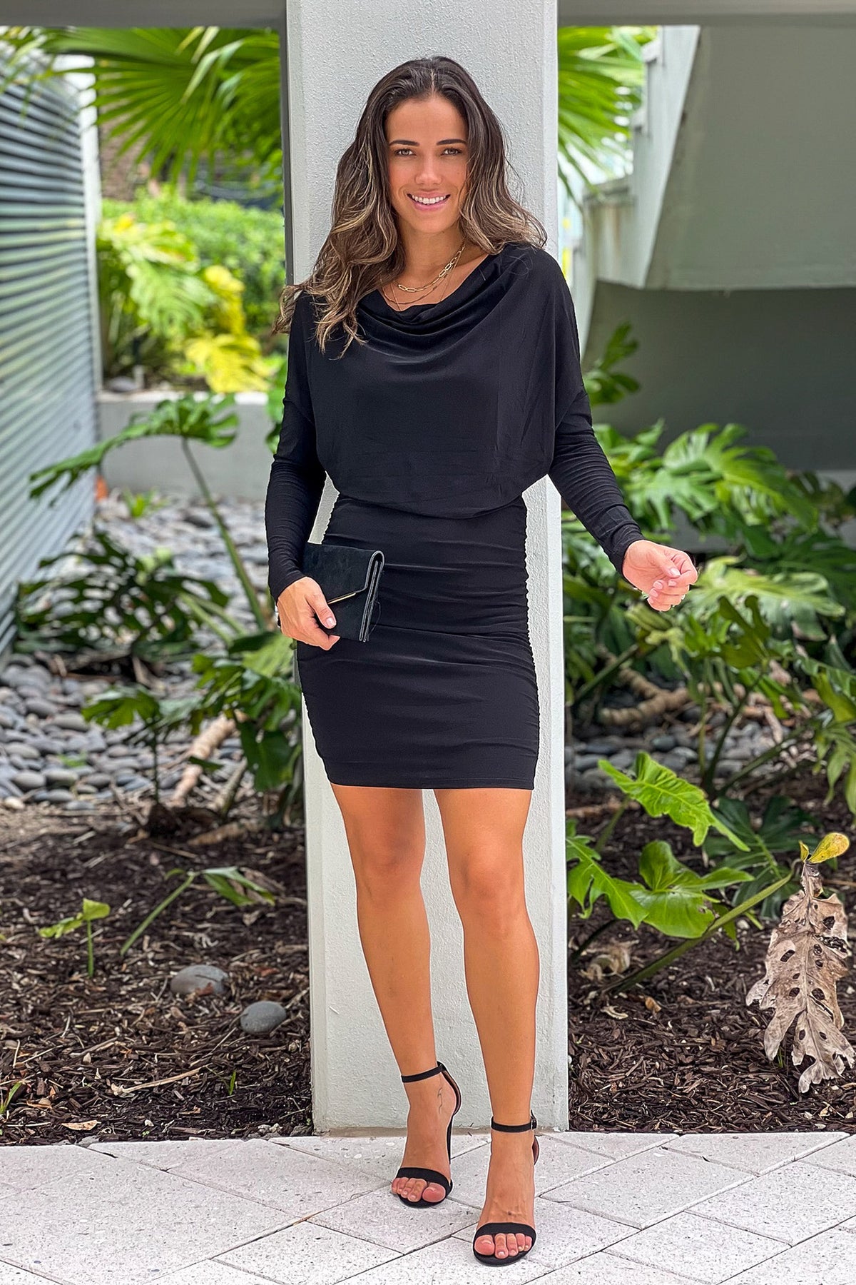 Black V Back Short Dress With Sleeves