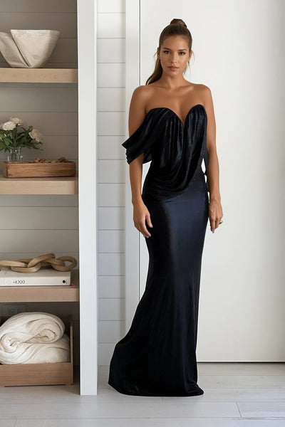 black slinky foil one shoulder draped maxi dress