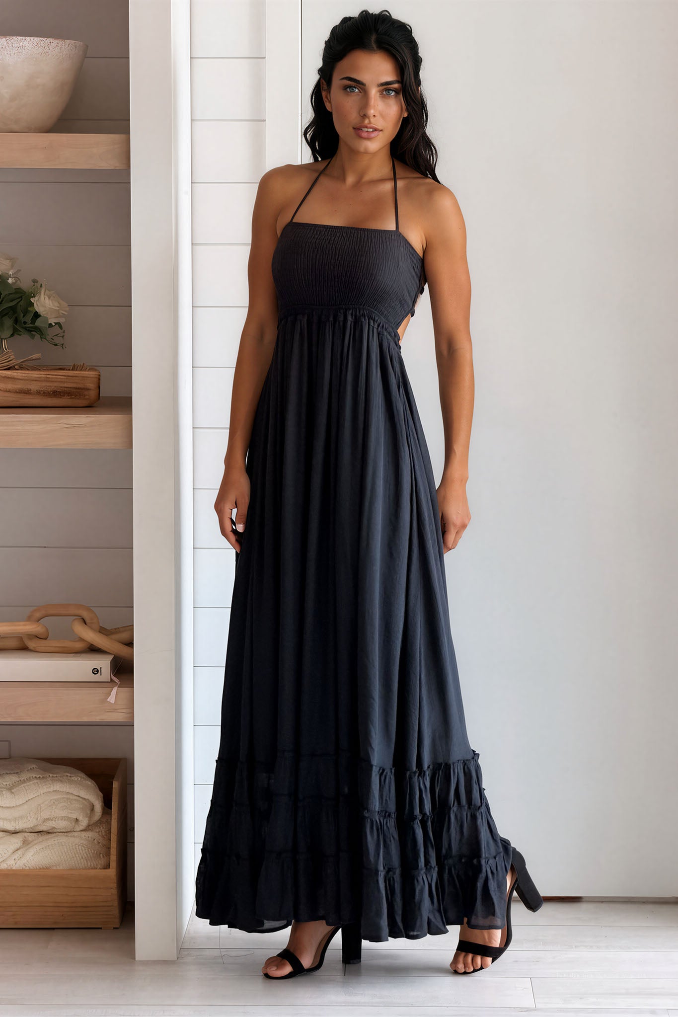 Black Halter Smocked Maxi Dress