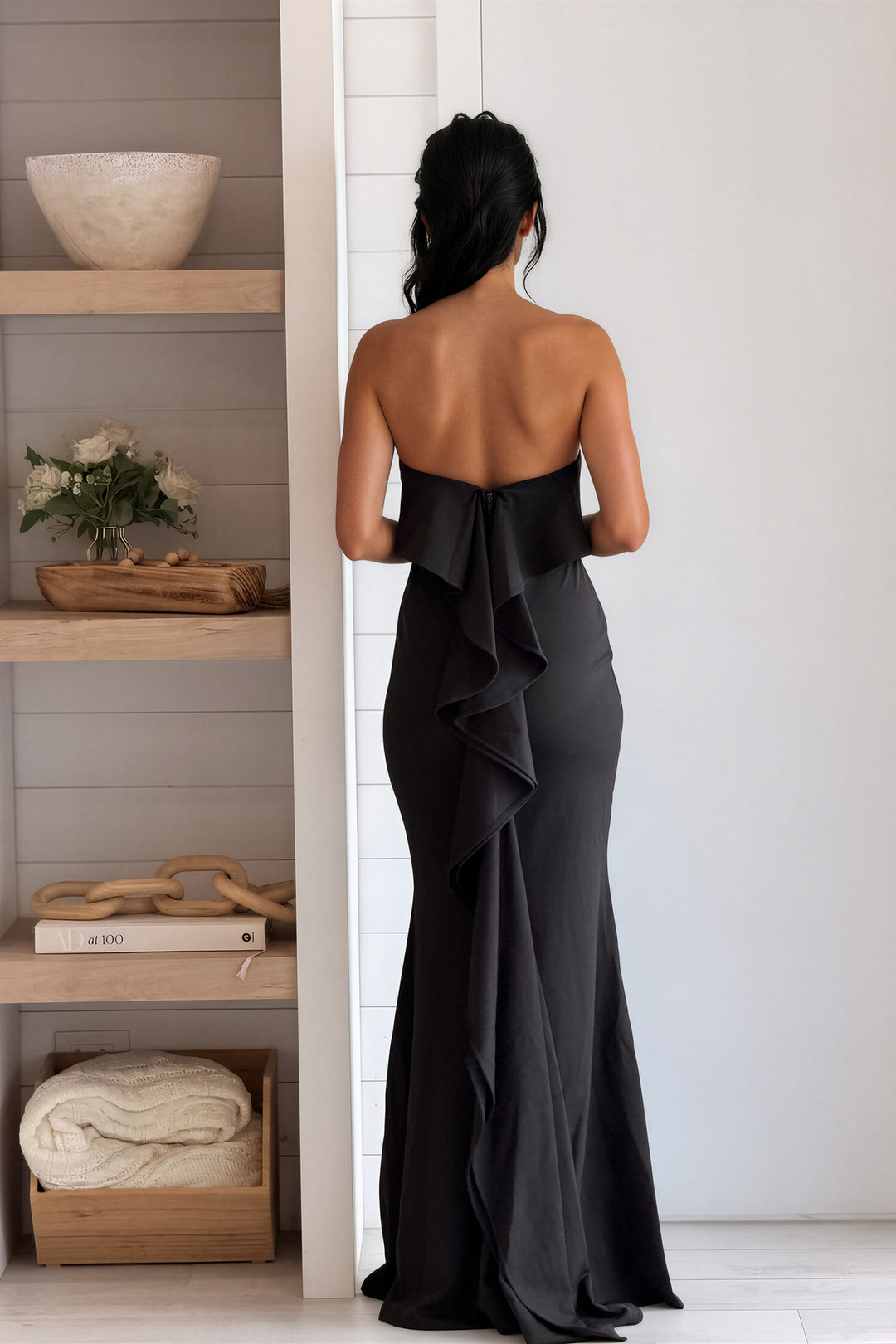 black strapless dress with ruffles Ruffle Detail Maxi enchanted Size:UK22 Exude effortless elegance at Black Plus Size Casual