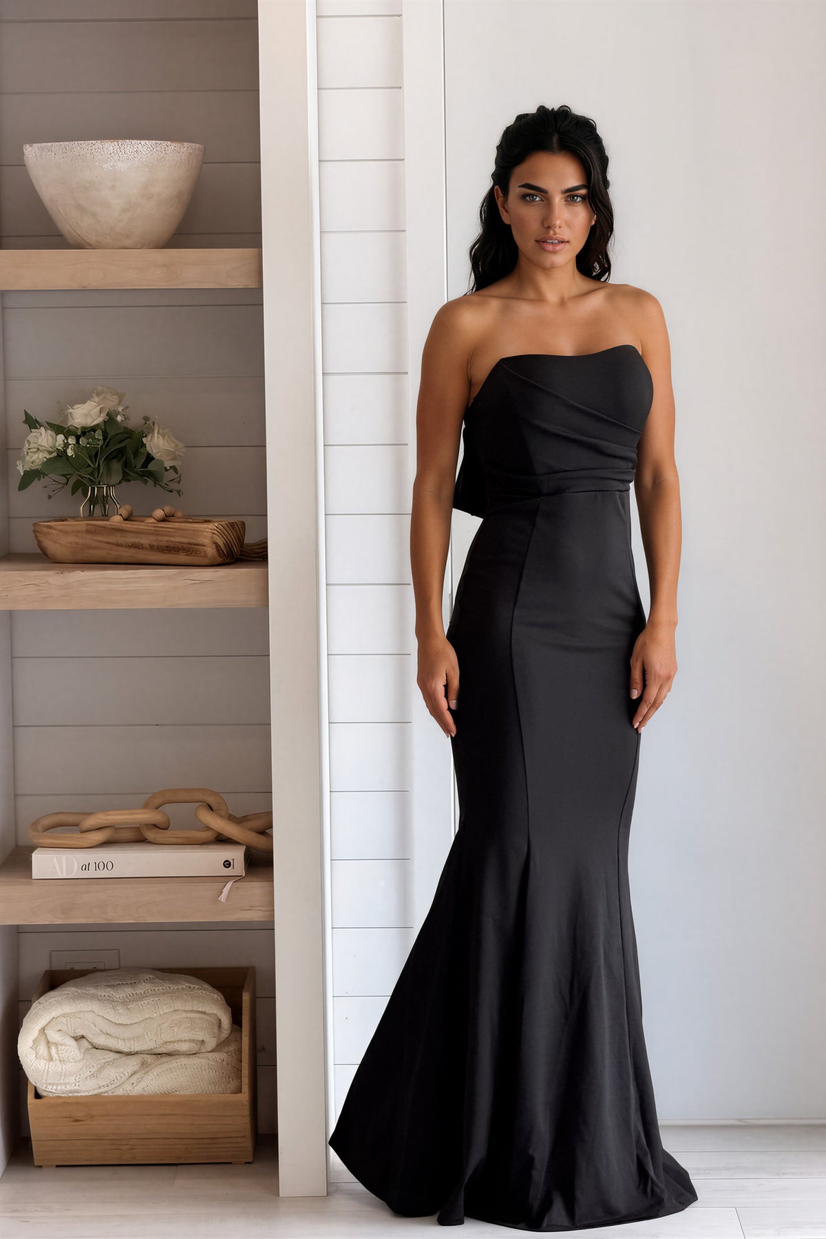 Black Strapless Ruffle Detail Maxi Dress