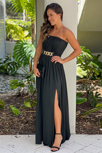 black strapless maxi dress with slit