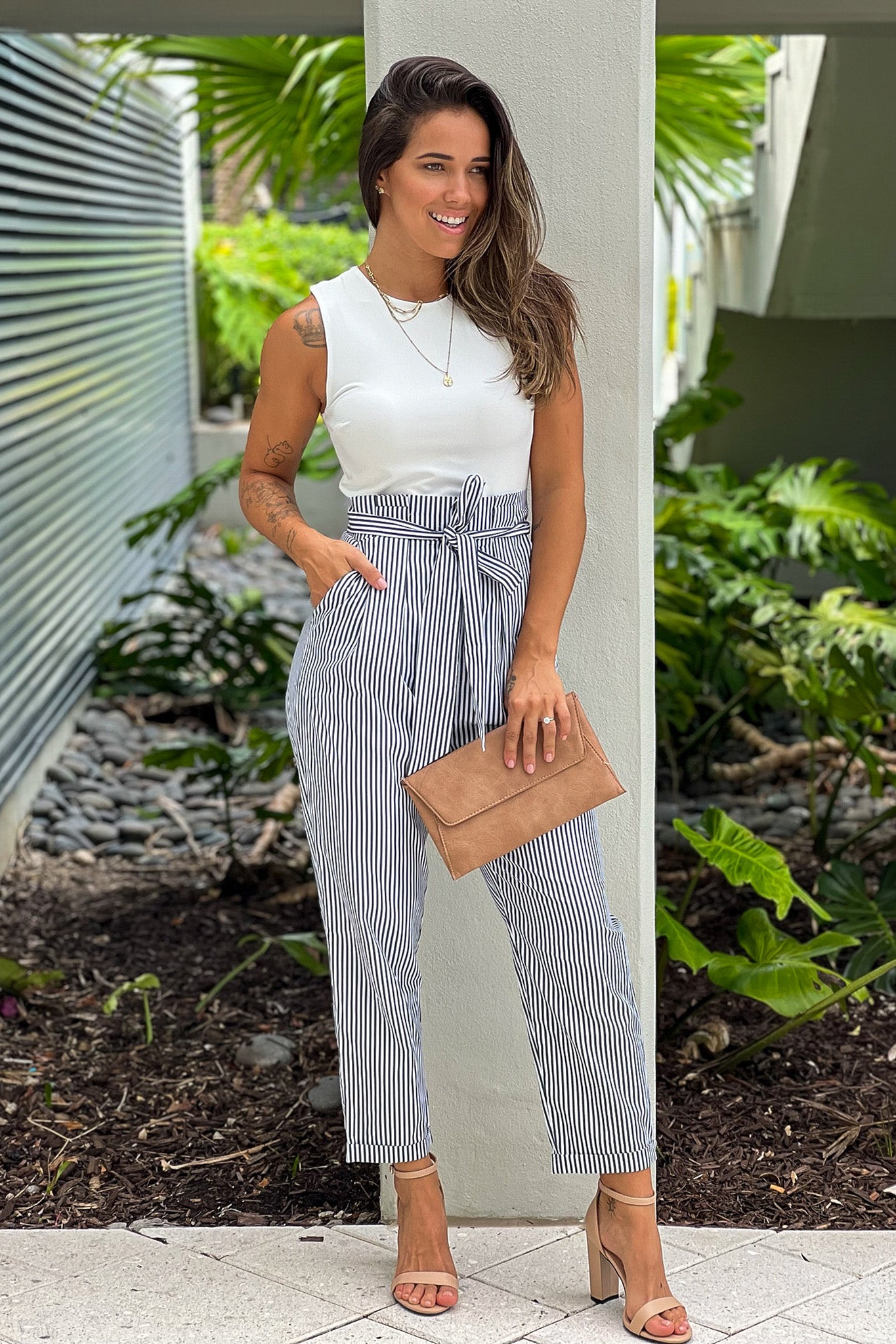 black striped jumpsuit with tie belt