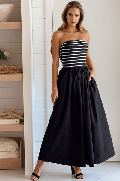 Black Striped Strapless Flowy Midi Dress | Midi Dresses Saved by the Dress Black Striped Strapless Flowy Midi Dress | Midi Dresses Saved by the Dress