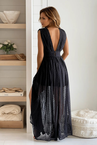 black swiss dot v-back maxi dress