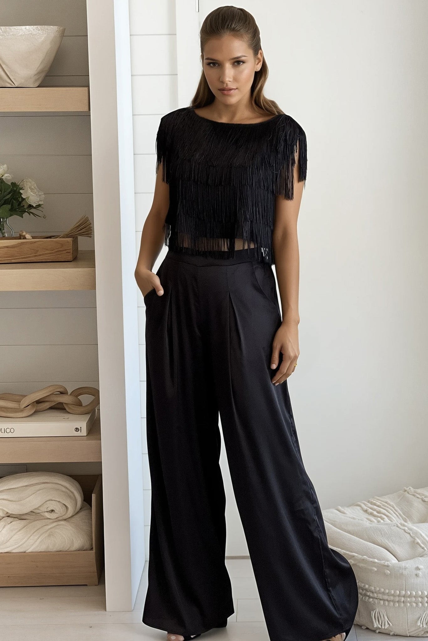 black tassel top and satin pants set