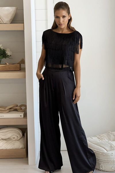 black tassel top and satin pants set