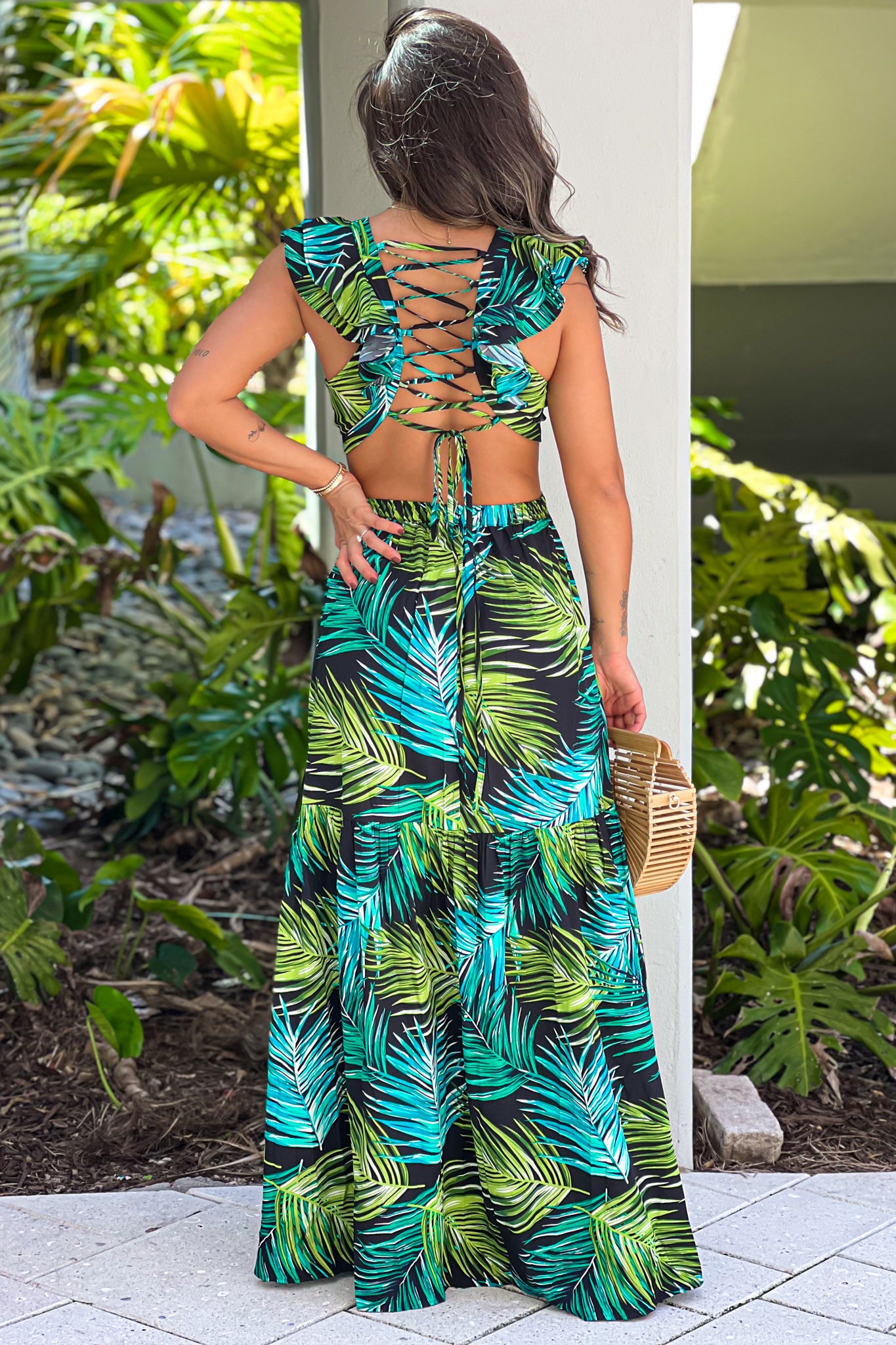 black tropical maxi dress with strappy back