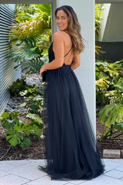 black tulle maxi dress with criss cross back