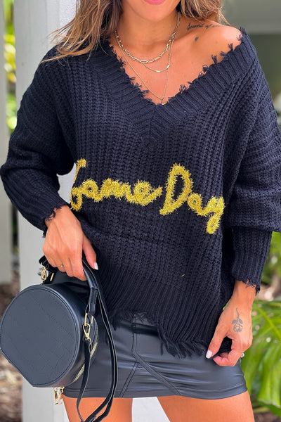 black v-neck frayed game day sweater