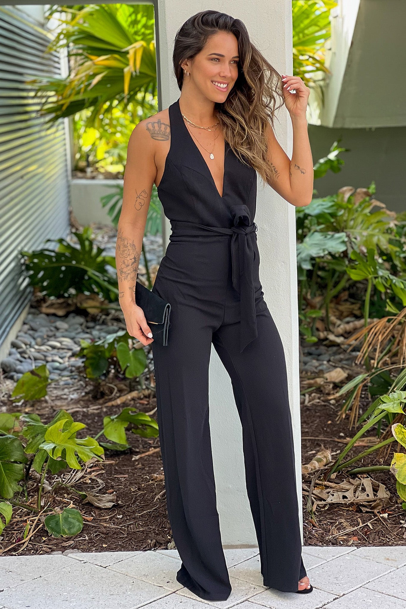 Black V-Neck Jumpsuit With Tie Belt Online Boutiques – Saved by