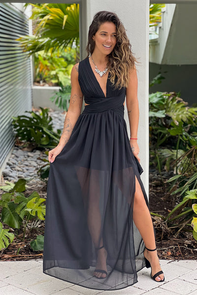 black v-neck maxi dress with pleated top detail