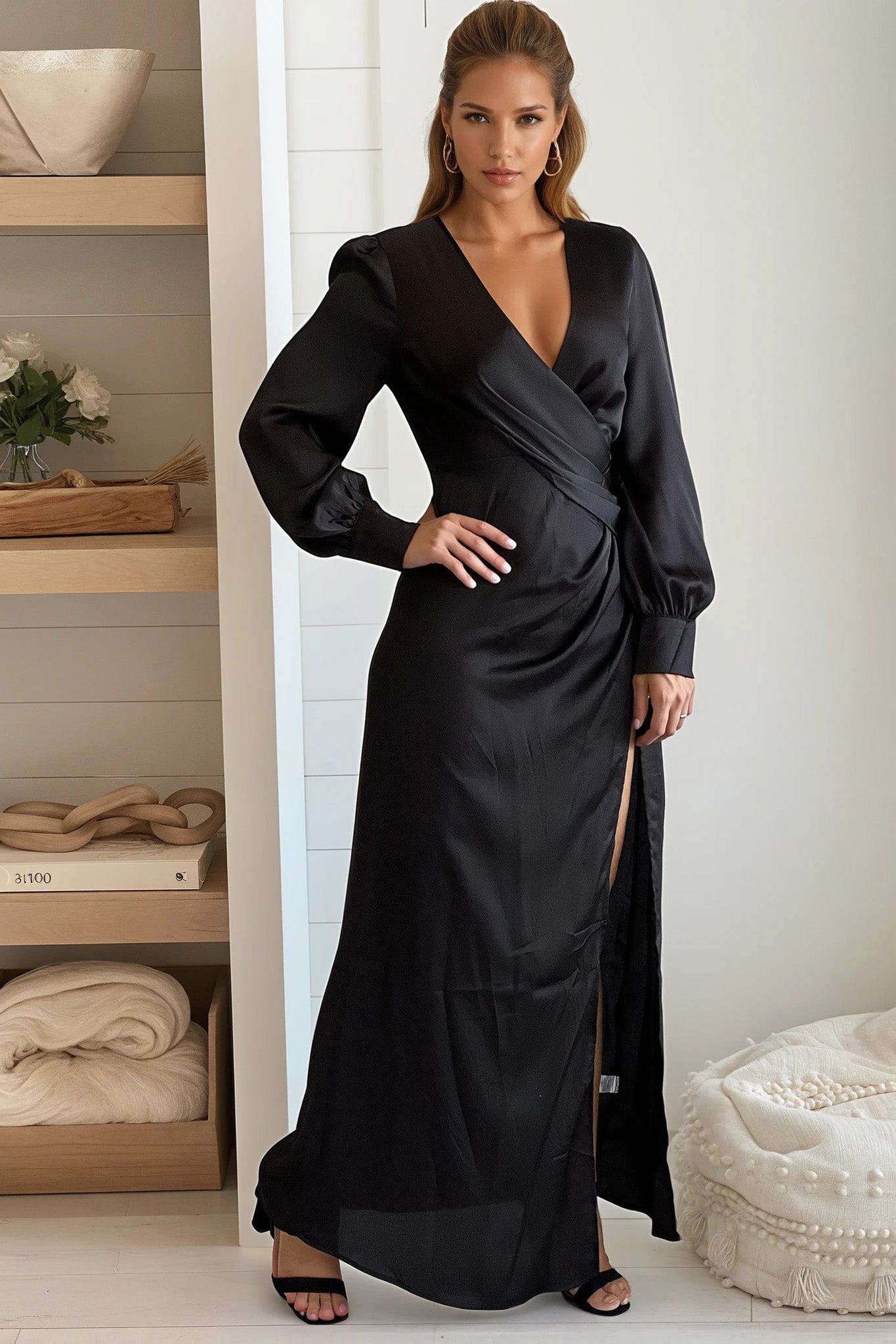 black v-neck satin maxi dress with slit