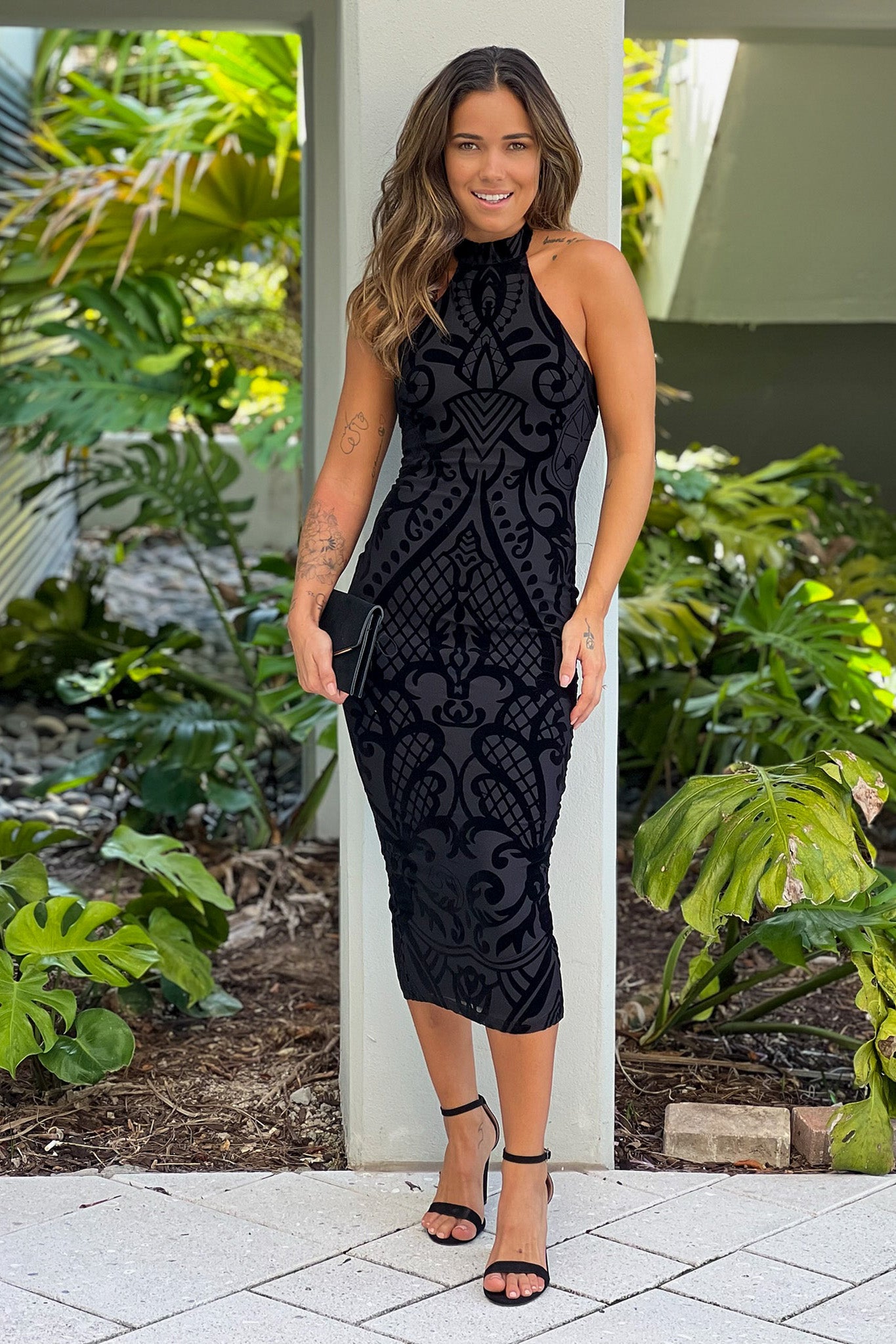 Black Velvet Halter Neck Midi Dress