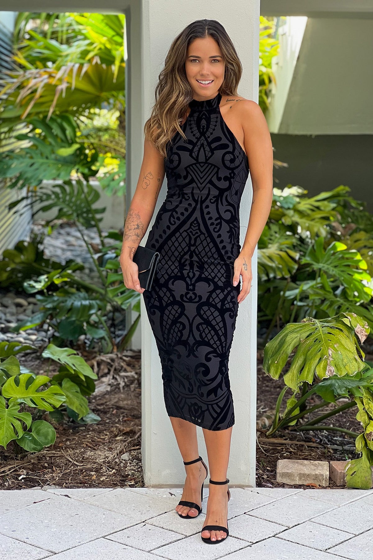 Black Velvet Halter Neck Midi Dress