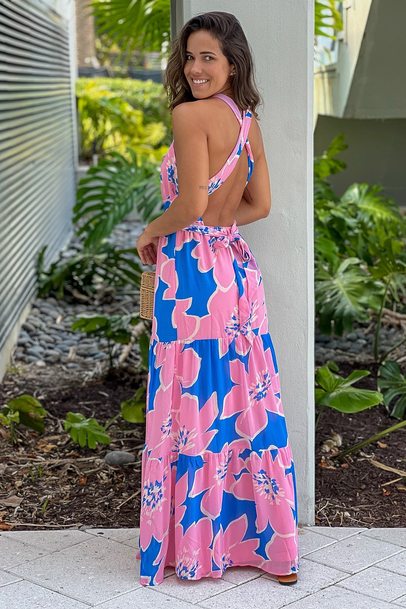 blue and pink floral maxi dress with criss cross back
