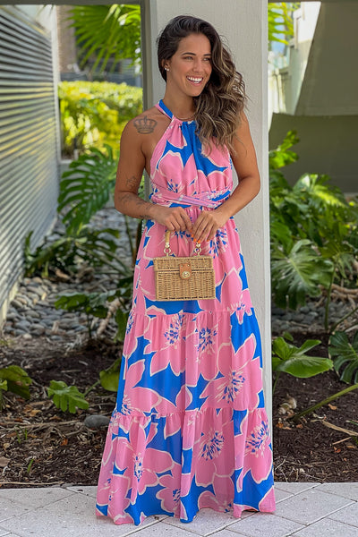 blue and pink printed maxi dress with criss cross back